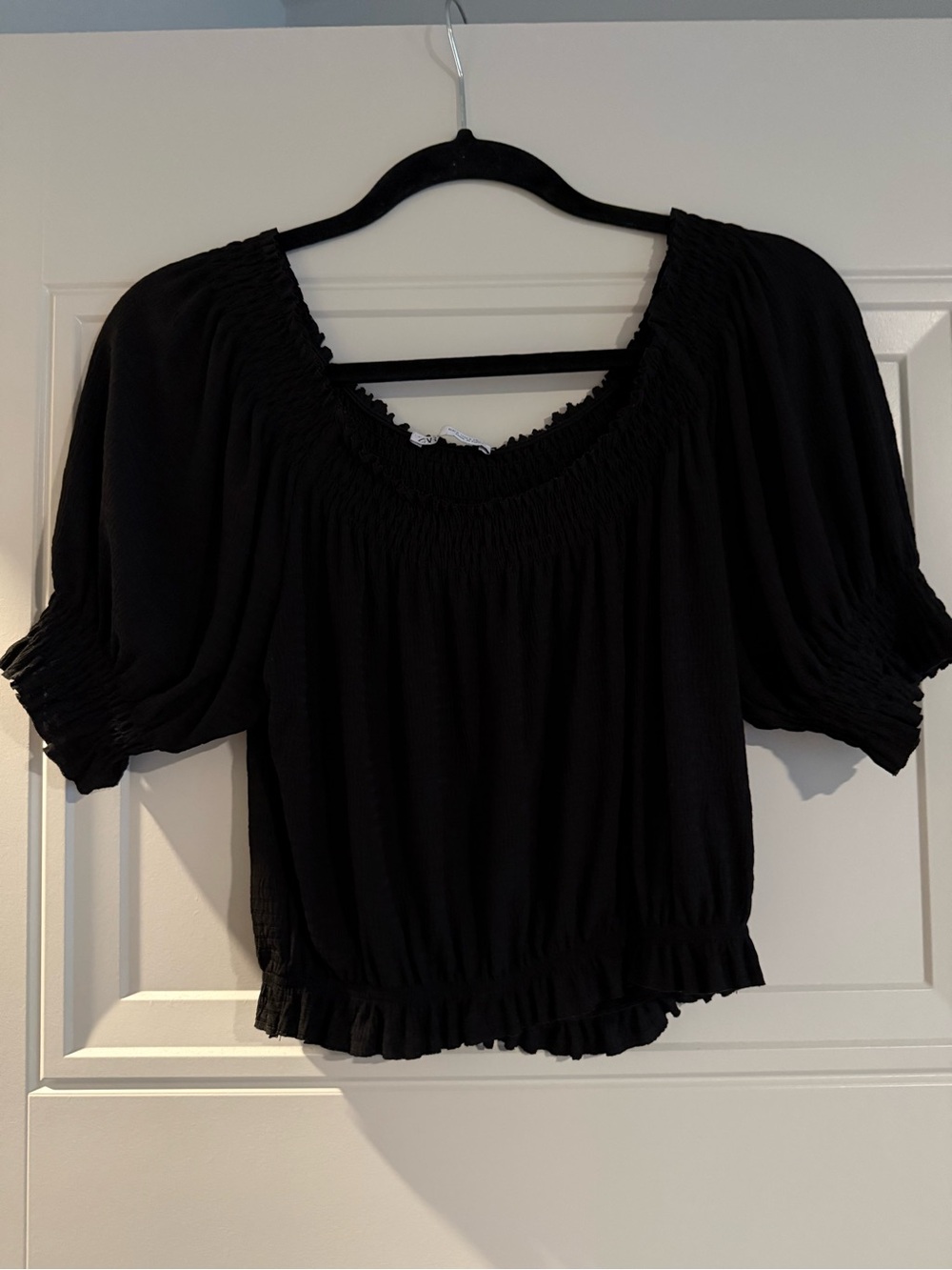 Zara Black Smocked Square-Neck Blouse